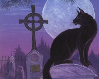 May include: A black cat sits on a tombstone in a graveyard under a full moon. The tombstone has a Celtic cross on top and a plaque with an inscription. The scene is painted in shades of purple and blue.