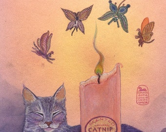 Moths to the Flame, cat art print, cat and cat moths
