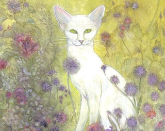 May include: Watercolor painting of a white cat with green eyes, surrounded by purple and pink flowers and mushrooms. The cat is sitting in a field of flowers. The background is a soft yellow. The artwork is signed "2021 Leslie Newcomer".