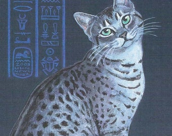 May include: A painting of a seated cat with green eyes and a spotted coat. The cat is set against a dark blue background with blue hieroglyphs. The painting is signed "2005 Leslie Newe Sher".