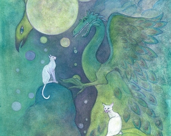May include: A watercolor painting featuring a green dragon with large wings, facing two white cats. The background includes large, glowing orbs and a landscape with trees and mountains, all in shades of green and blue.