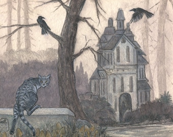 Haunted house in forest with cat and crows, ravens