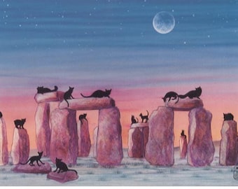 May include: A watercolor painting of a group of black cats sitting on top of a stone structure resembling Stonehenge. The sky is a soft pink and blue with a crescent moon and stars.
