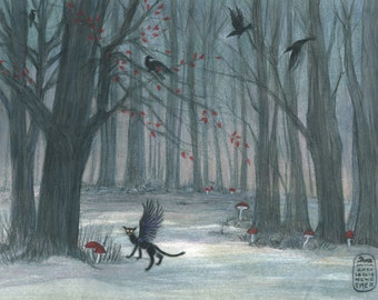 May include: A black cat with wings stands in a dark forest with red leaves and mushrooms. The cat has glowing yellow eyes and is looking to the left. There are crows flying in the trees.