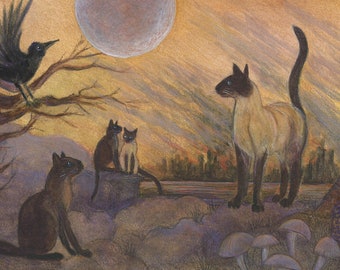 May include: A painting of four cats and a crow under a full moon. The cats are all Siamese and are sitting or standing in a forest setting. The crow is perched on a branch of a tree. The moon is a pale yellow color and is surrounded by a halo of light.