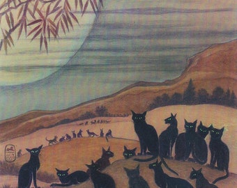 May include: A painting of a group of black cats in a desert landscape. The cats are all facing forward and have green eyes. The background is a muted brown and blue.