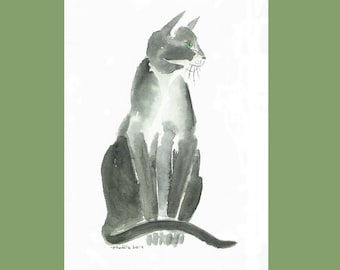 May include: A watercolor painting of a gray and white cat sitting with its tail curled around its paws. The cat has green eyes and is looking to the right. The painting is done in a minimalist style with a white background.