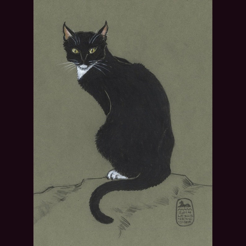 Cat Art Print, Tuxedo cat, black and white, Le Chat en Vert image 1