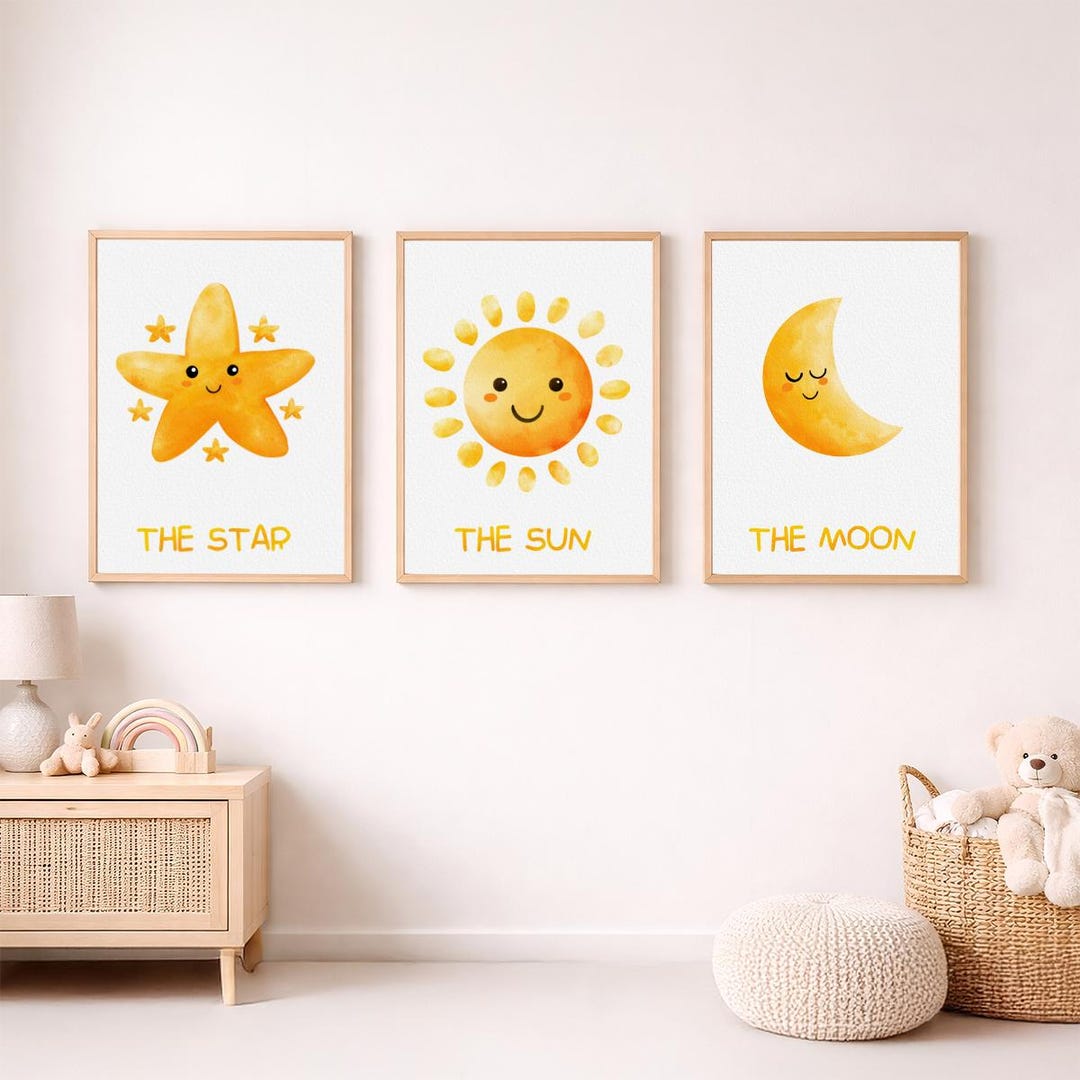 Celestial Nursery Wall Art Set of 3 Printable, Moon Star Sun Watercolor ...