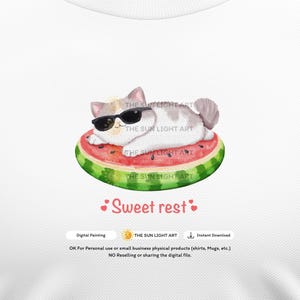 May include: A digital painting of a white and gray cat wearing sunglasses, lounging on a watermelon slice. The image includes the text "Sweet rest" and "THE SUN LIGHT ART".