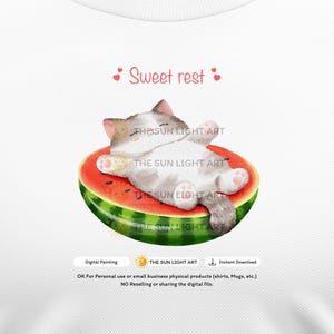 May include: A watercolor illustration of a gray and white cat lying on a watermelon slice. The cat is relaxed with its paws up. The text "Sweet rest" is above the cat. The image is a digital painting.