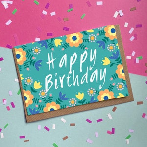 Feliz aniversário, design floral da arte popular | Cartão de boas vindas