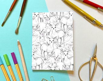 A6 Mini Notebook - Woodland - A hand drawn pattern of deers ,foxes, owls, rabbits and more