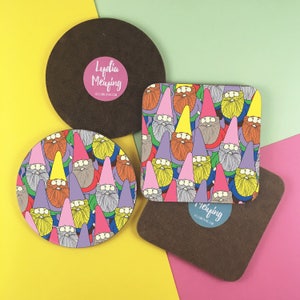 Round or Square Coaster with Mister Gnome Pattern. Brighten up your home with Mister Gnome and Friends!