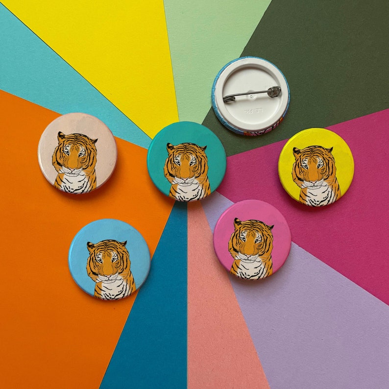 38mm Button Badge Tiger, assorted colours available image 1