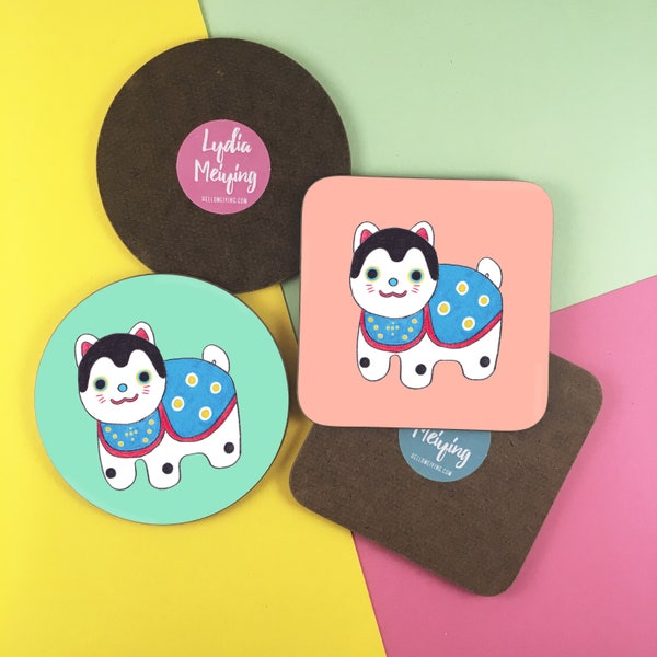 Round or Square Coaster with Lucky Inu Hariko Design