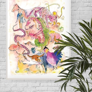 A3 Heavy Weight Print • Illustration of Chinese New Year Zodiac Animals: Dragon, Tiger, Monkey, Rabbit, Horse, Rooster, Snake, Pig and more!