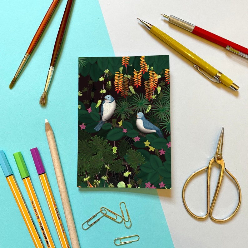 A6 Mini Notebook Jungle Birds illustrated jungle cover with plain pages image 1