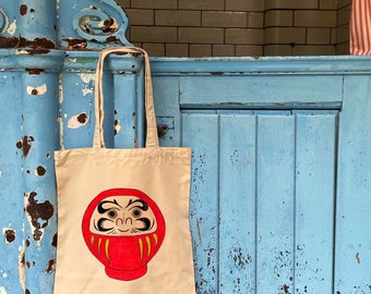 Daruma | Super Soft, Ethically Produced, Polyester Tote Bag with Japanese Lucky Charm Illustration