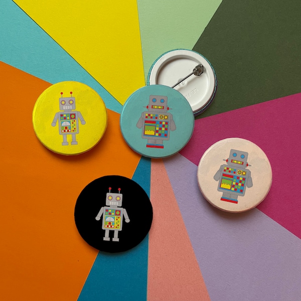 38mm Button Badge - Robot, assorted colours and designs available