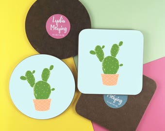 Round or Square Coaster with Succulent Illustration (4). Brighten up your home with this cute Cactus design!