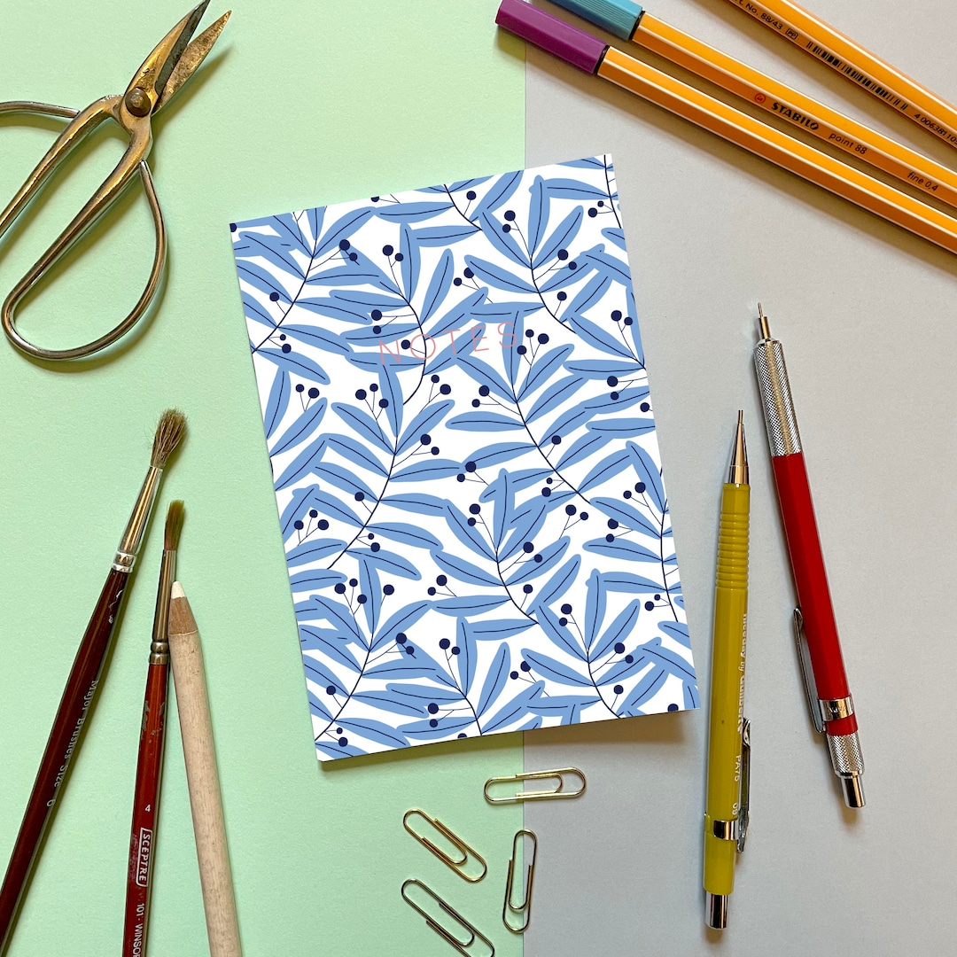 A6 Mini Notebook - Blue Leaves - With Arts and Craft Inspired Pattern ...