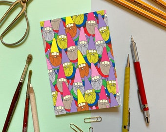 A6 Mini Notebook - Mister Gnome - a colourful pattern of garden gnomes