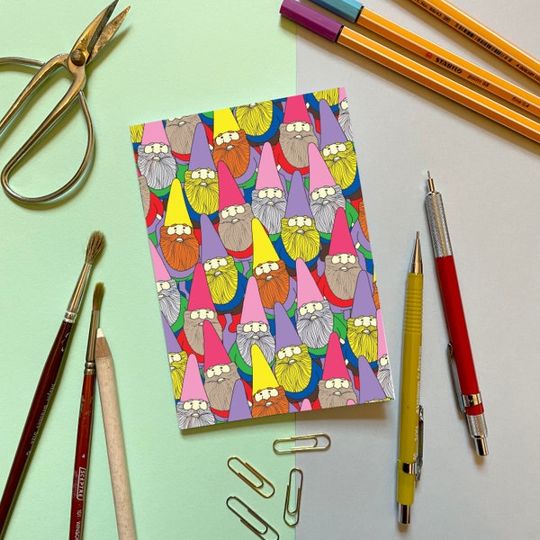 A6 Mini Notebook - Mister Gnome - a colourful pattern of garden gnomes