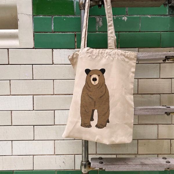 Toby | Super Soft, Ethically Produced Polyester Tote Bag with Illustrated Brown Bear