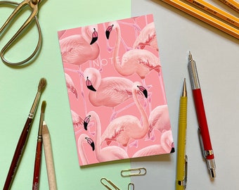 A6 Mini Notebook - Pink Flamingos - Decorated with a fun flamingo pattern