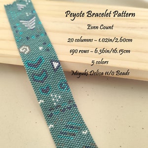 May include: A peyote stitch bracelet pattern using Miyuki Delica 11/0 beads. The pattern is for an even count bracelet with 20 columns and 190 rows, measuring 1.02 inches by 6.36 inches. The bracelet is made with 5 colors: teal, white, gray, dark blue, and light blue.