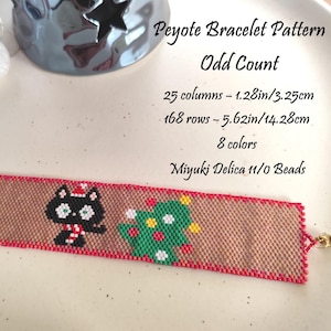 Cat and Christmas Tree Beaded Bracelet Pattern, Odd Count Peyote Stitch Pattern, DIY Miyuki Delica Bracelet PDF Pattern