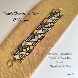 May include: A beaded peyote bracelet pattern in yellow, gray, white, and black geometric design. The bracelet is 1.07 inches wide and 5.69 inches long. The text on the image says "Peyote Bracelet Pattern Odd Count".