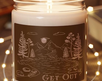 Vela de soja &quot;Sal al aire libre&quot;, diseño de montañas, ríos y pinos, vela perfumada, decoración del hogar, vida en la cabaña, regalo para amantes de la naturaleza, aromaterapia