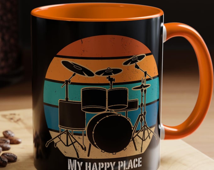Drummer Gift, Coffee Mug, Drumming Theme, My Happy Place, Musician Present, Drumset Graphic, Drumline Gift, Music Mug, Cool Tea Cup