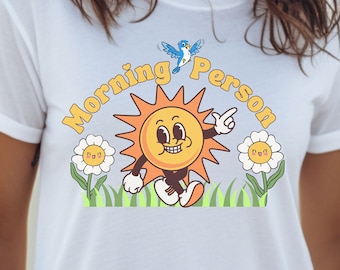 Morning Person Retro Happy Sun and Flowers Tshirt, Trendy Vintage Style Morning Tee, 50s Style Sun and Flowers T-Shirt, Happy Vibes Tee
