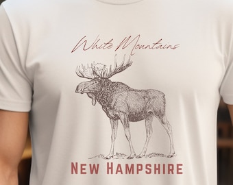 Camiseta de alce de las Montañas Blancas de New Hampshire, con estampado de vida silvestre, ideal para amantes de la naturaleza, ropa de aventura al aire libre, top de animales del bosque, top de NH