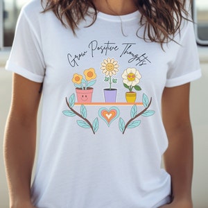 Grow Positive Thought-T-shirt: retro T-shirt met bloempot, boho bloementop