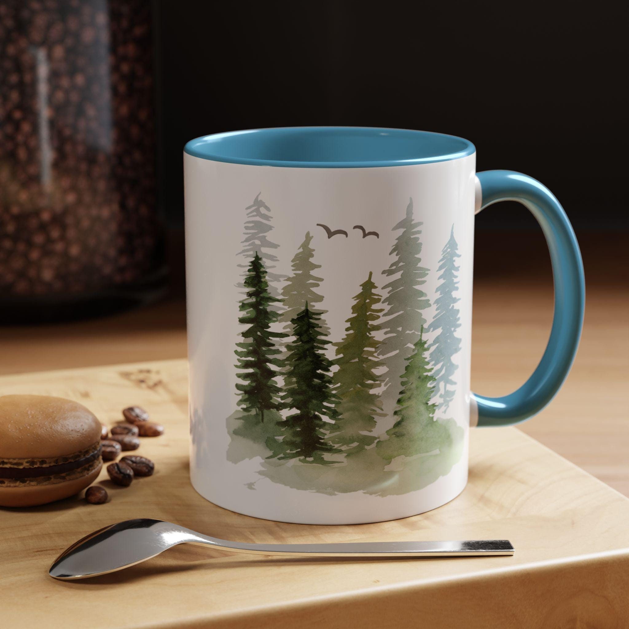 陶器製 松の木デザイン 蓋付きカップ 松の木のマグカップ：キャビンの