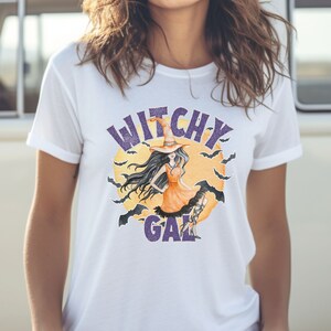 Halloween-T-shirt Witchy Gal: trendy afbeelding heks op bezem