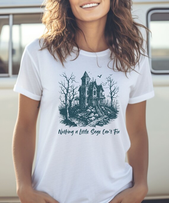 Haunted House Halloween T-shirt, Sage Haunted House Tee, Funny Ghost T-Shirt, Unisex Bella & Canvas Tee