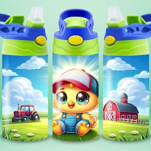 Kids 12 oz Flip Top Sippy Cup Tumbler Wrap Cute Farm Water Bottle Sublimation Boys Tumbler Wrap Digital Download Design PNG