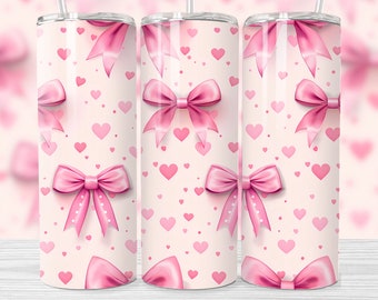 20 oz Girly Aesthetic Tumbler Wrap Trendy Bow Heart Design PNG Preppy Pink Coquette Ribbon Design Tapered & Straight Tumbler Digital File
