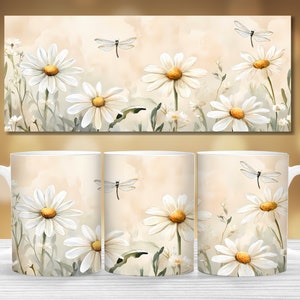 Watercolor Dragonfly Mug Sublimation Wrap PNG 11oz 15oz Wildflowers Mug Wrap Template Coffee Mug Designs Instant Digital Download Png