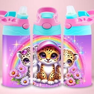 12oz Kids Tumbler Wrap For Girls Sublimation Design Kids Water Bottle Flip Top Sippy Cup Cheetah Tumbler Wrap PNG Cute Straight Tumbler