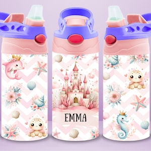 Princesa Niños Sublimación Diseño Niños Botella de agua personalizada Flip Top Sippy Cup Tumbler Wrap PNG Lindo Pink Ocean Tumbler Wrap para niñas