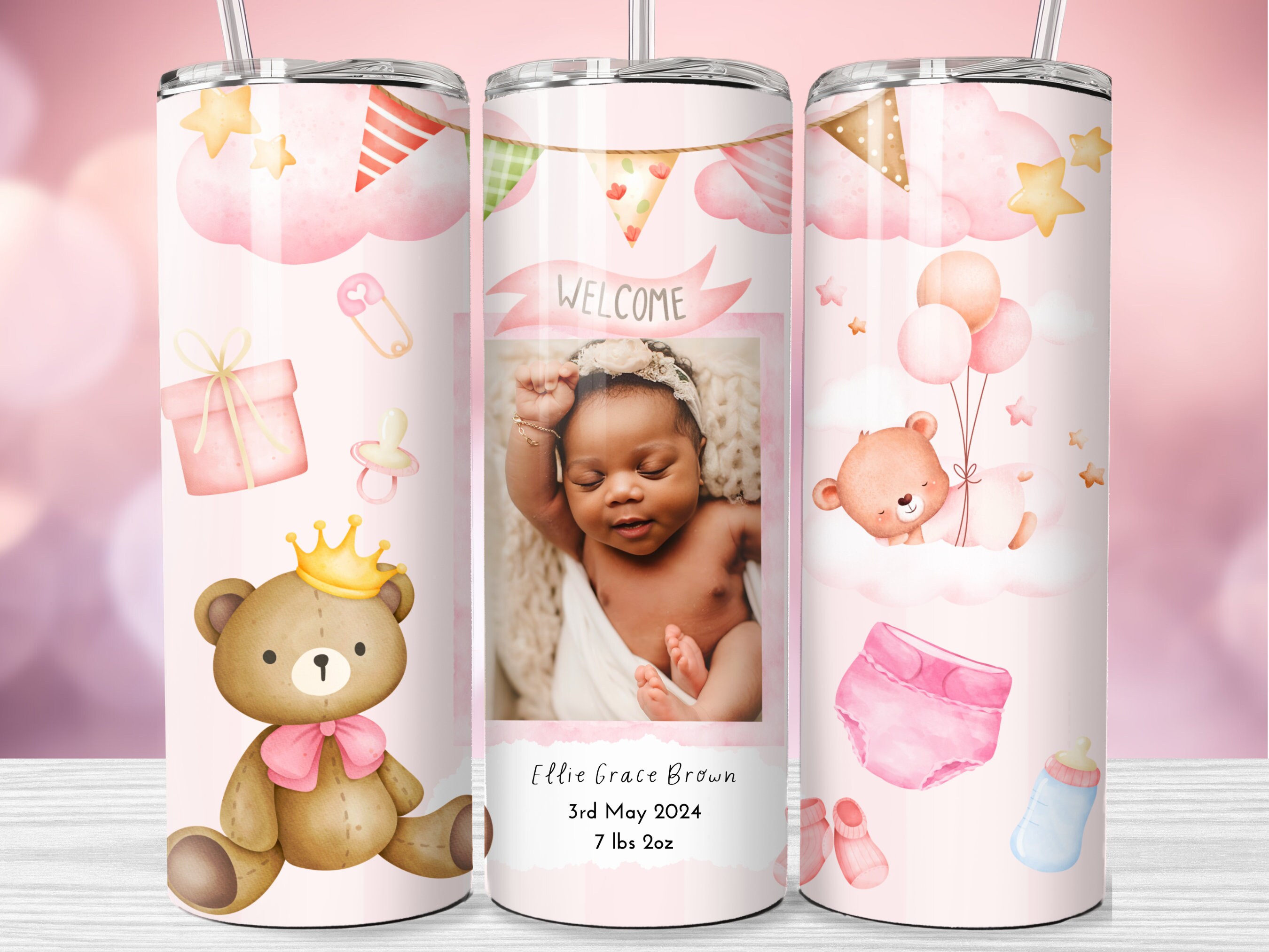 Baby Photo Tumbler Wrap PNG Newborn Baby Pink Teddy Bear Seamless Sublimation 20 oz Tumbler Design Instant Digital Download