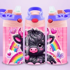 Kids 12 oz Flip Top Sippy Cup Tumbler Wrap Cute Cow Water Bottle Sublimation Farm Tumbler Wrap Highland Cow Design PNG
