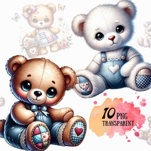 Cute Patchwork Teddy Clipart Quilted Teddy Bear PNG Adorable Stuffed Toy Digital Art Download Whimsical Bear Illustration Nursery
