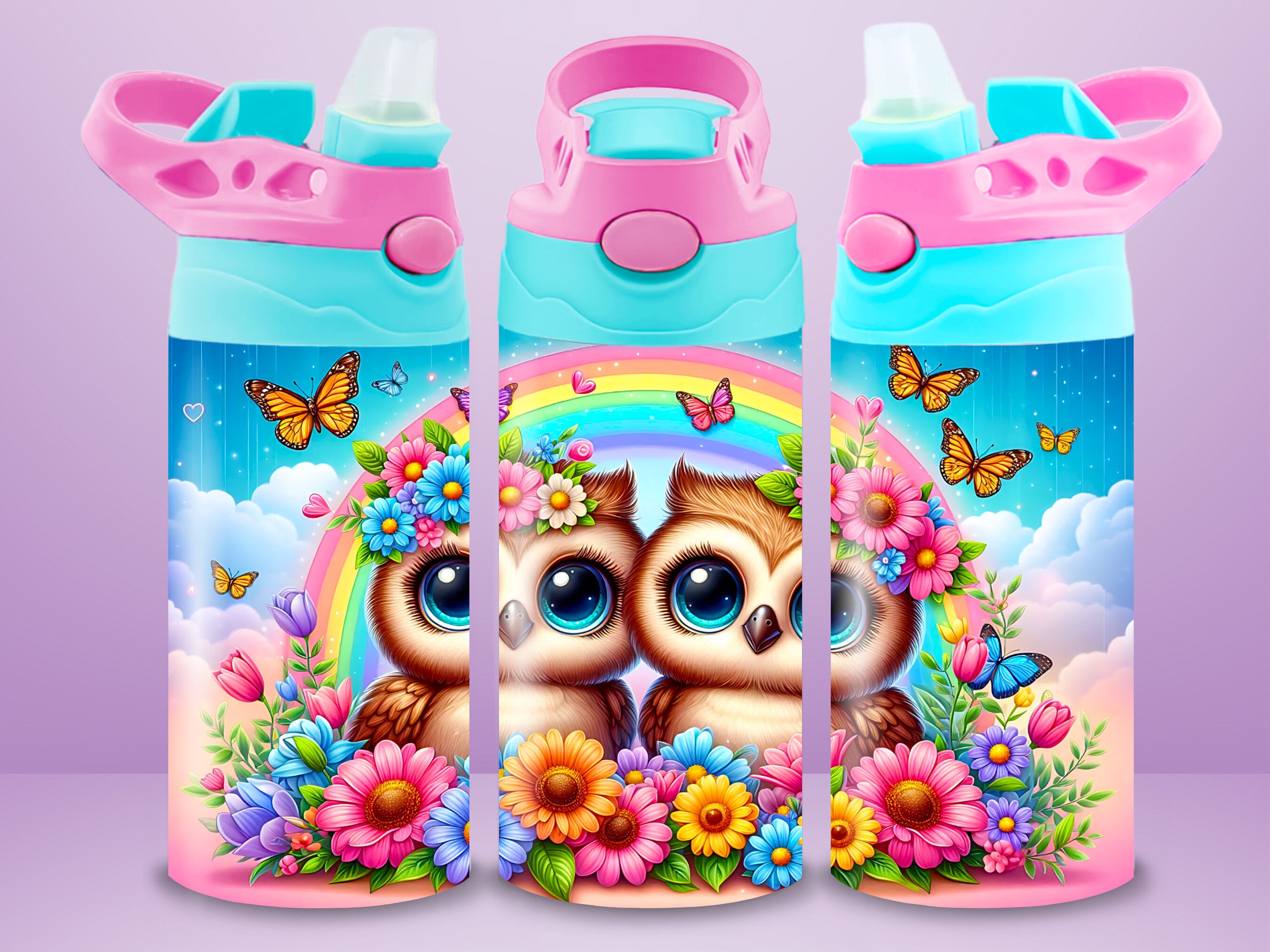12Oz Kids Owl Tumbler Wrap Flip Top Sippy Cup Water Bottle Straight Tumbler Sublimation Design PNG C